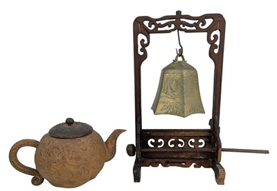 Lot 219 - CHINESE CLAY / TERRACOTTA 'DRAGON' TEAPOT & A TABLE BELL