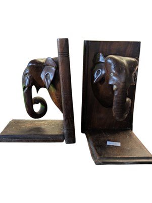 Lot 254 - PAIR OF VINTAGE CARVED WOODEN ELEPHANT BOOKENDS