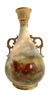 Lot 26 - ROYAL WORCESTER 1909 HAND PAINTED PORCELAIN HIGHLAND CATTLE VASE BY H STINTON