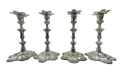 Lot 16 - SET OF FOUR 18TH CENTURY GEORGE III HALLMARKED SILVER CANDLESTICKS