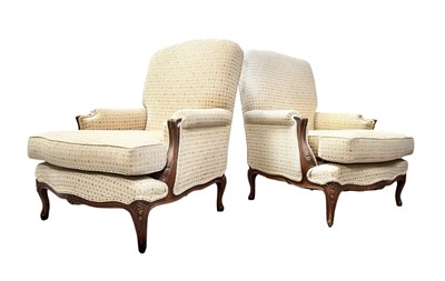 Lot 608 - PAIR OF FRENCH LOUIS XV STYLE WALNUT FRAMED ARMCHAIRS