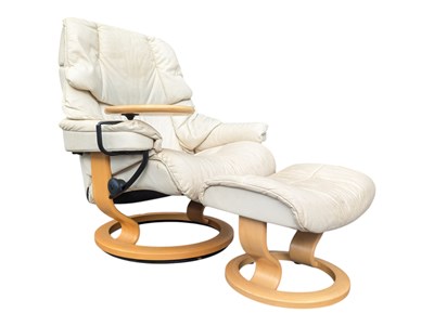 Lot 612a - EKORNES, NORWAY - VINTAGE LATE 20TH CENTURY SWIVEL ARMCHAIR W/ FOOTSTOOL