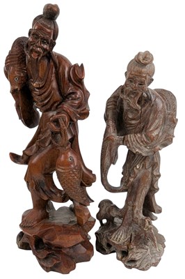 Lot 53 - TWO 20TH CENTURY CHINESE CARVED WOODEN FIGURE 木刻钓鱼翁两尊
