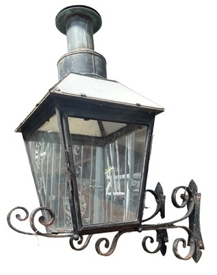 Lot 503 - LATE 19TH / EARLY 20TH CENTURY IRON, CLEAR & MILK GLASS STREET WALL LANTERN LAMP