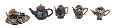 Lot 72 - COLLECTION OF FOUR CHINESE MINIATURE CLOISONNE TEAPOTS & A TEA SET 掐丝景泰蓝迷你茶壶一组
