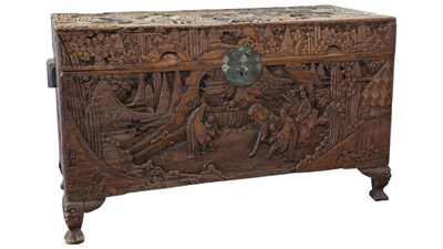 Lot 988 - 19TH CENTURY CHINESE CARVED CAMPHOR WOOD BLANKET BOX / TRUNK