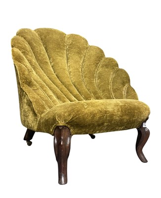 Lot 501 - LATE 19TH CENTURY VELOUR UPHOLSTERED CLAM SHELL EASY CHAIR