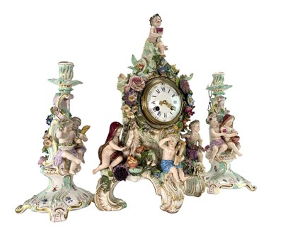 Lot 2 - MEISSEN 19TH CENTURY HAND PAINTED PORCELAIN GARNITURE CLOCK WITH FOUR SEASONS