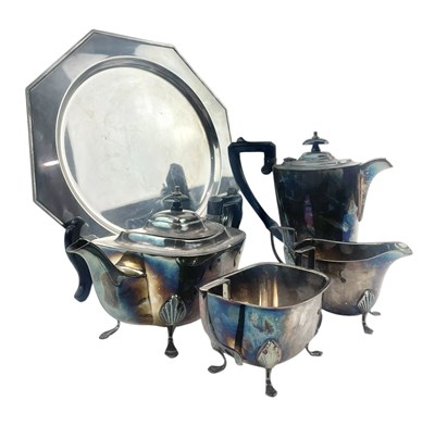 Lot 94 - 20TH CENTURY SILVER PLATED 4 PC TEA SERVICE & A SILVER PLATED TRAY