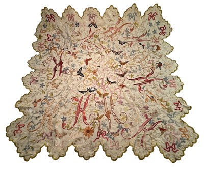 Lot 74 - TURN OF THE CENTURY HAND EMBROIDERED CENTREPIECE TABLECLOTH