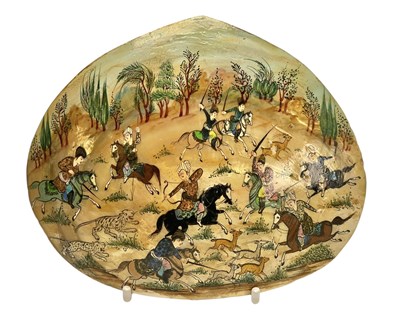 Lot 119 - PERSIAN LATE 19TH CENTURY HAND PAINTED MOTHER OF PEARL SHELL WITH HUNTING SCENE