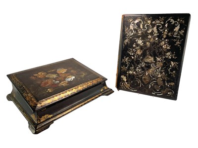 Lot 93 - 19TH CENTURY LACQUERED CHINOISERIE HAND PAINTED WRITING SLOPE T/W BLOTTER