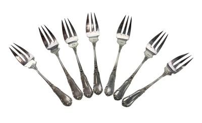 Lot 62 - SET OF SEVEN FRENCH CONTINENTAL 835 SILVER FRUIT FORKS.