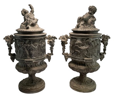 Lot 85 - PAIR OF GRAND TOUR 19TH CENTURY SPELTER LIDDED URNS VASES WITH CHERUBS
