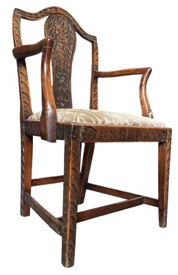 Lot 591 - 18TH CENTURY CARVED ELM WOOD ELBOW CHAIR WITH GREEN MAN MASK
