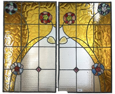 Lot 555 - PAIR OF ART NOUVEAU 1905-10 LEAD STAINED GLASS WINDOW PANELS WITH URANIUM