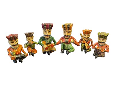 Lot 372 - SIX 20TH CENTURY INDIAN RAJASTHANI BAWLA HAND CARVED MUSICIAN SCULPTURES