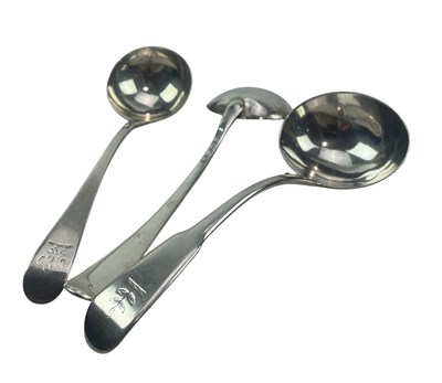 Lot 77 - THREE GEORGE III HALLMARKED SILVER SAUCE LADLES