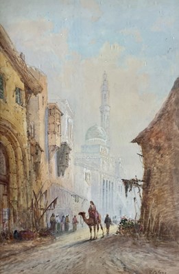 Lot 605 - EDWIN ST. JOHN (FL. 1880-1920) - EL CAIRO STREET SCENE WITH MOSQUE - WATERCOLOUR