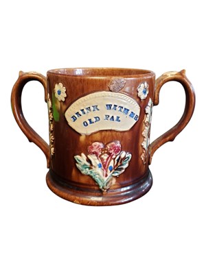 Lot 100 - 19TH CENTURY BARGEWARE LOVING CUP - DRINK WITH ME OLD PAL