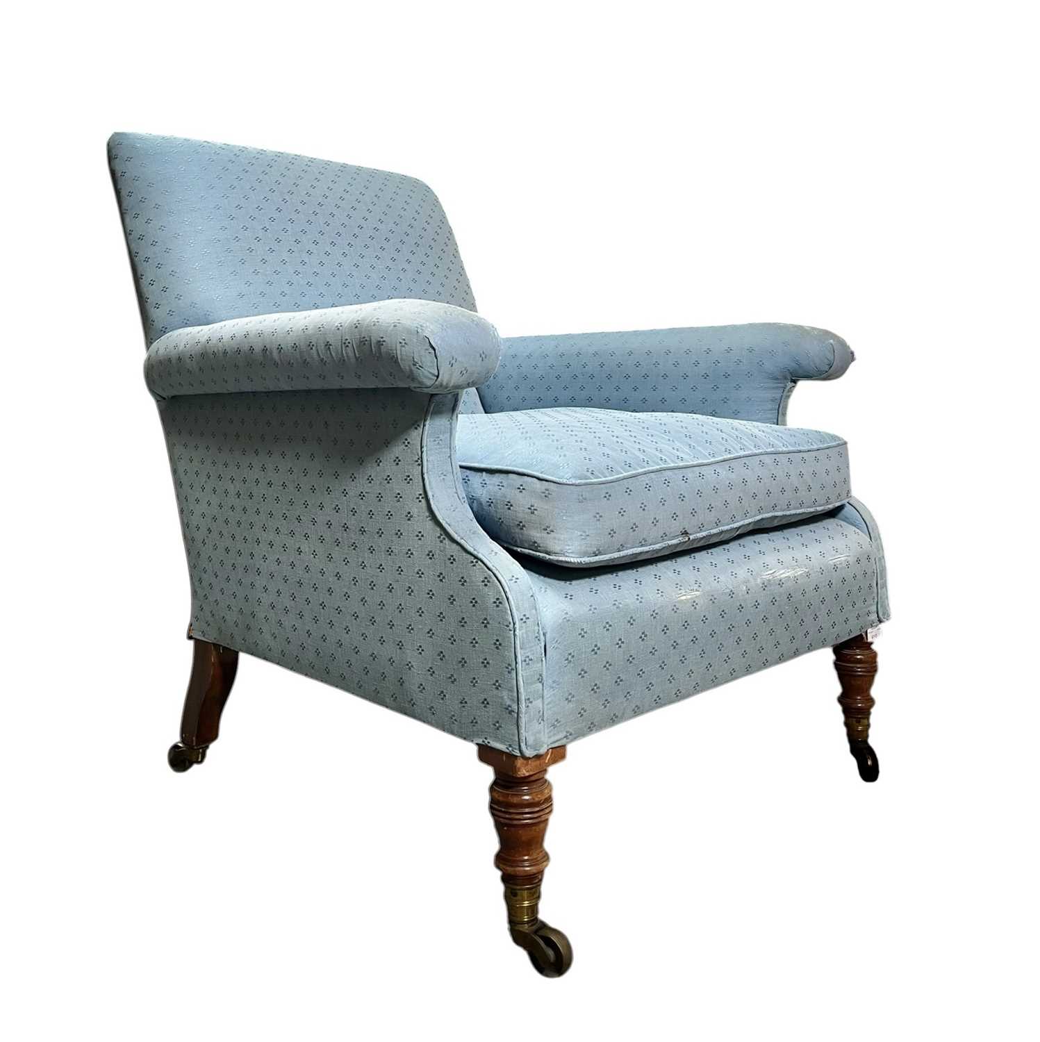 Lot 270 - HOWARD & SON LONDON - LATE VICTORIAN MAHOGANY & BLUE UPHOLSTERED ARMCHAIR