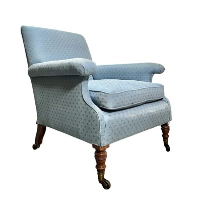 Lot 270 - HOWARD & SON LONDON - LATE VICTORIAN MAHOGANY & BLUE UPHOLSTERED ARMCHAIR