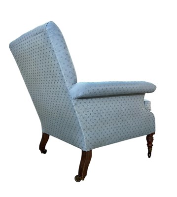 Lot 270 - HOWARD & SON LONDON - LATE VICTORIAN MAHOGANY & BLUE UPHOLSTERED ARMCHAIR