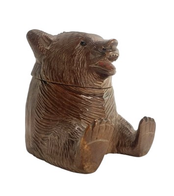 Lot 124 - BLACK FOREST CARVED WOODEN INKWELL IN THE SHAPE OF A SEATED BEAR