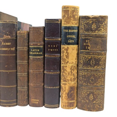 Lot 84 - A VARIED SELECTION OF LEATHER FINE BINDINGS TO INCLUDE 1739 LATIN GRAMMAR, PILGRIM'S PROGRESS ETC