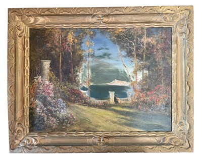 Lot 472 - THOMAS EDWIN MOSTYN (1864-1930) - GARDENS WITH COUPLE - OIL ON CANVAS