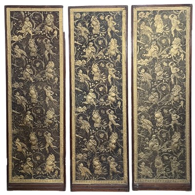Lot 627 - LATE 19TH CENTURY EMBOSSED LEATHER THREE FOLD SCREEN PANELS