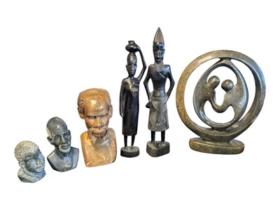 Lot 379 - COLLECTION OF 20TH CENTURY AFRICAN STONE CARVED HEADS, WOODEN STATUES & STONE CARVED FIGURE