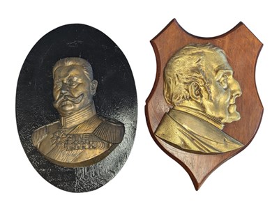 Lot 388 - TWO 19TH / 20TH CENTURY METAL MILITARY PORTRAITS ON WOODEN PLAQUES