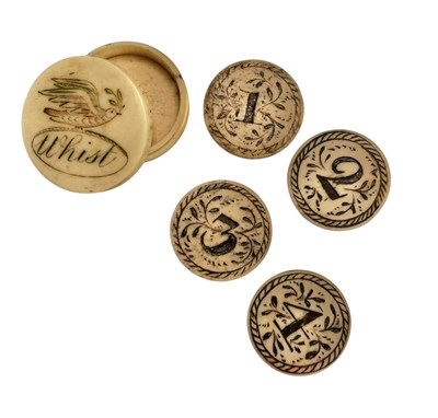 Lot 134 - EARLY 19TH CENTURY NAPOLEONIC PRISONER OF WAR CARVED BONE WHIST MARKERS IN BOX