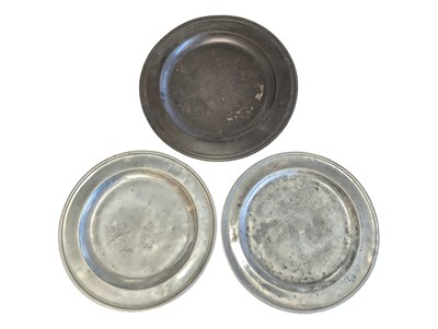 Lot 404 - THREE 18TH CENTURY PEWTER CHARGERS