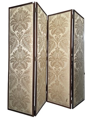 Lot 648 - LIBERTY MANNER DAMASK UPHOLSTERED & MAHOGANY FRAMED FOUR FOLD SCREEN