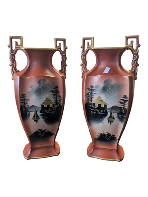Lot 213 - PAIR OF 20TH CENTURY MOONLIGHT WARE CHINOISERIE VASES