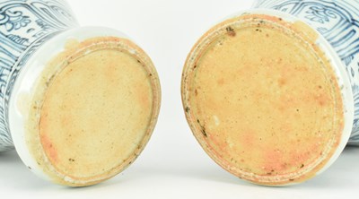 Lot 28 - PAIR OF MING BLUE AND WHITE MEIPING VASES 明 青花缠枝牡丹梅瓶一对