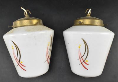 Lot 349 - PAIR OF MID CENTURY OPALINE GLASS PENDANT CEILING LIGHTS WITH PAINTED DESIGN