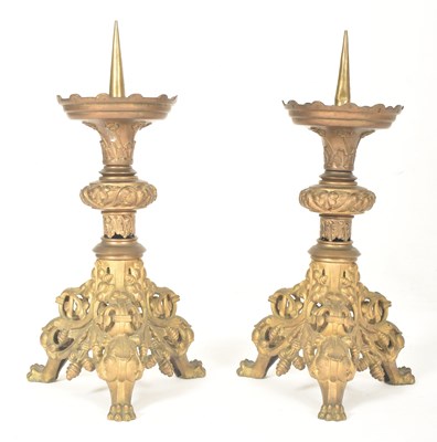 Lot 530 - PAIR FRENCH 19TH CENTURY BRASS CHURCH CANDLESTICK PRICKETS