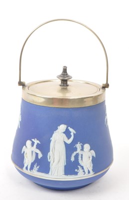 Lot 68 - WEDGWOOD - JASPERWARE - EARLY 20TH CENTURY SILVER PLATE BISCUIT BARREL
