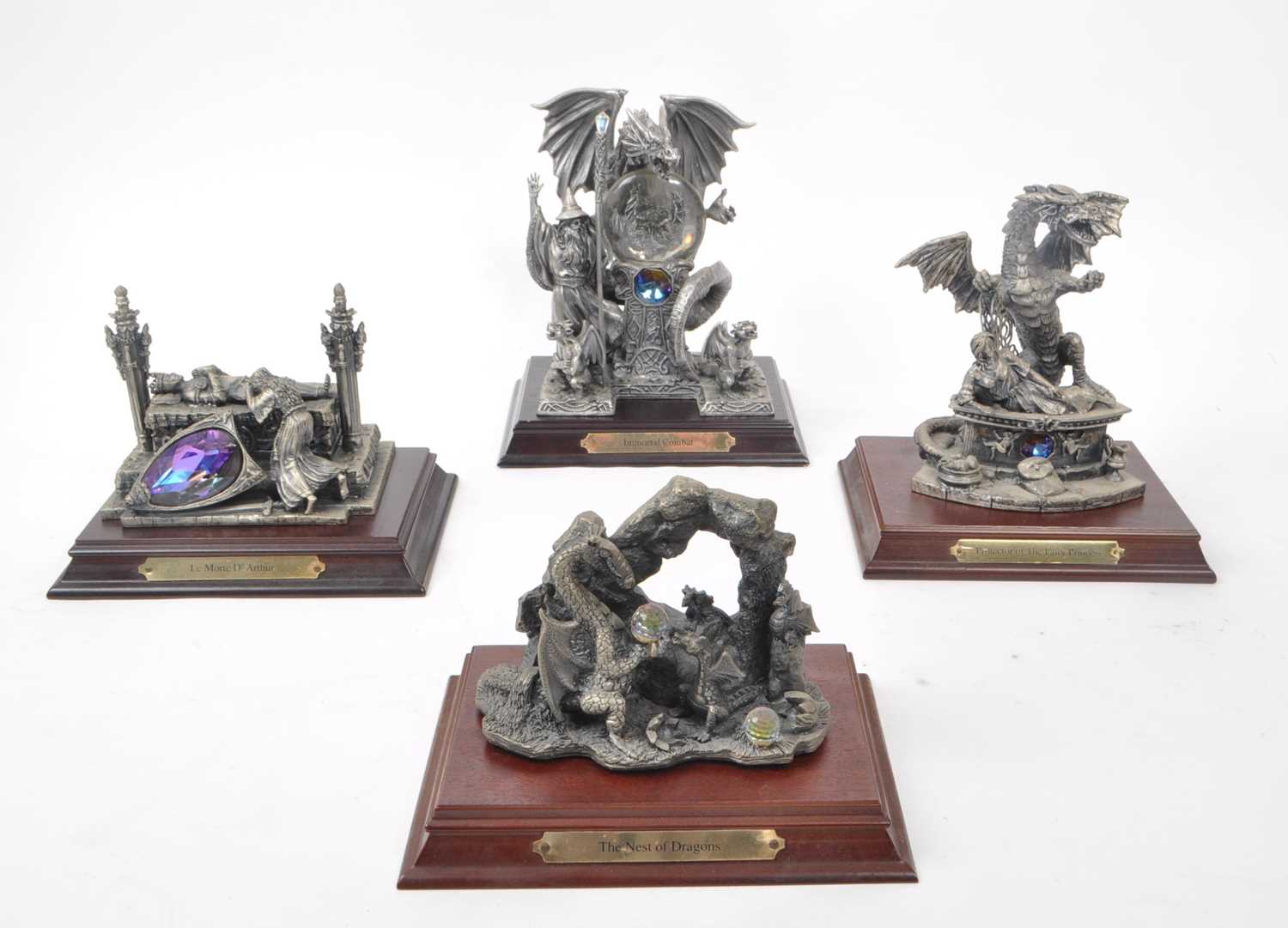 Lot 324 - MYTH & MAGIC BY THE TUDOR MINT - FOUR CAST PEWTER DRAGON FIGURES
