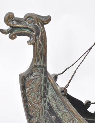 Lot 331 - VINTAGE 1970S DANISH IRON ART BRONZE VIKING BOAT ON WOODEN STAND
