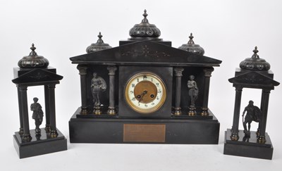 Lot 345 - AN ANTIQUE 1910 FRENCH SLATE MANTEL CLOCK GARNITURE