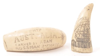Lot 359 - TWO 20TH CENTURY RESIN SCRIMSHAW SPERM WHALE CARVED TEETH